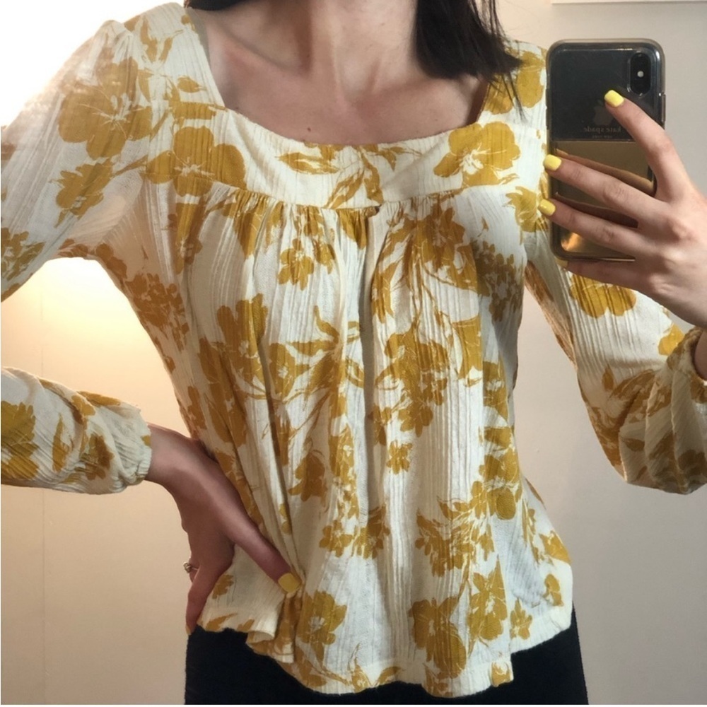 Lucky Brand Square Neck Floral Long Sleeve Top L